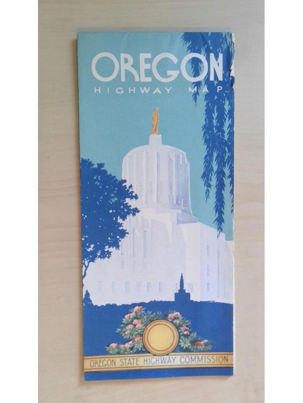 Vintage 1940s-50s Oregon Highway Map State Capitol Pioneer Statue Meadowlark